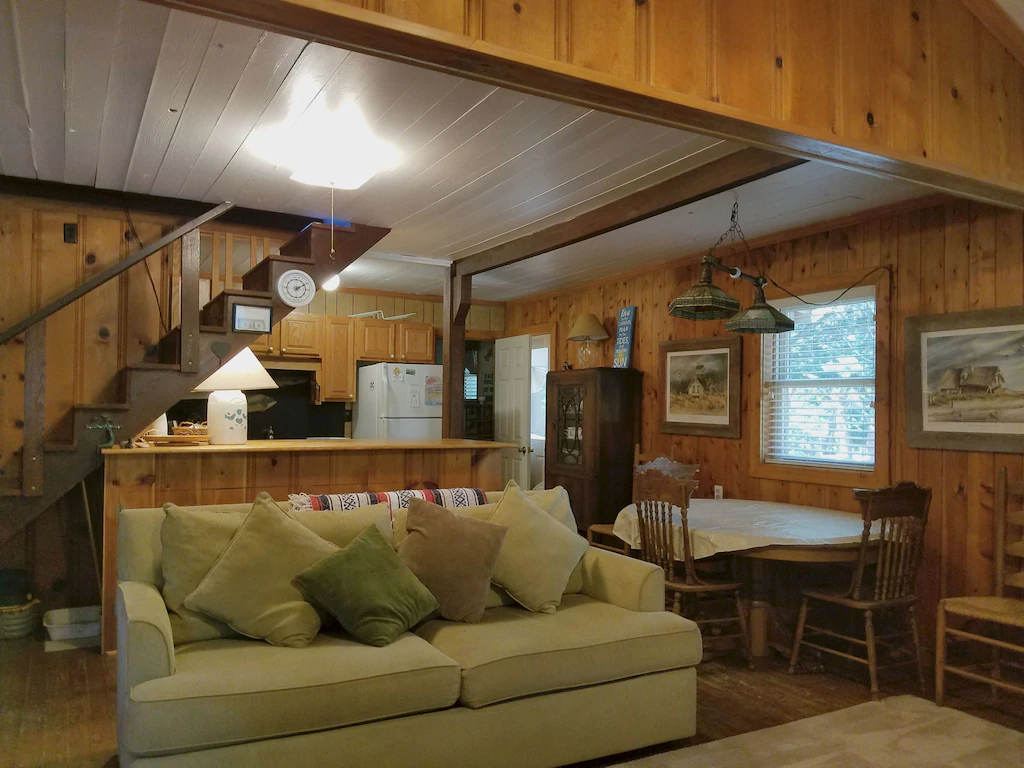 wooden interior of cottage near beach