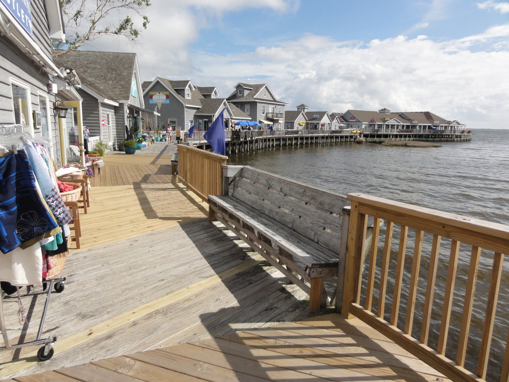 The quaint town of Duck and it's shops on the water.