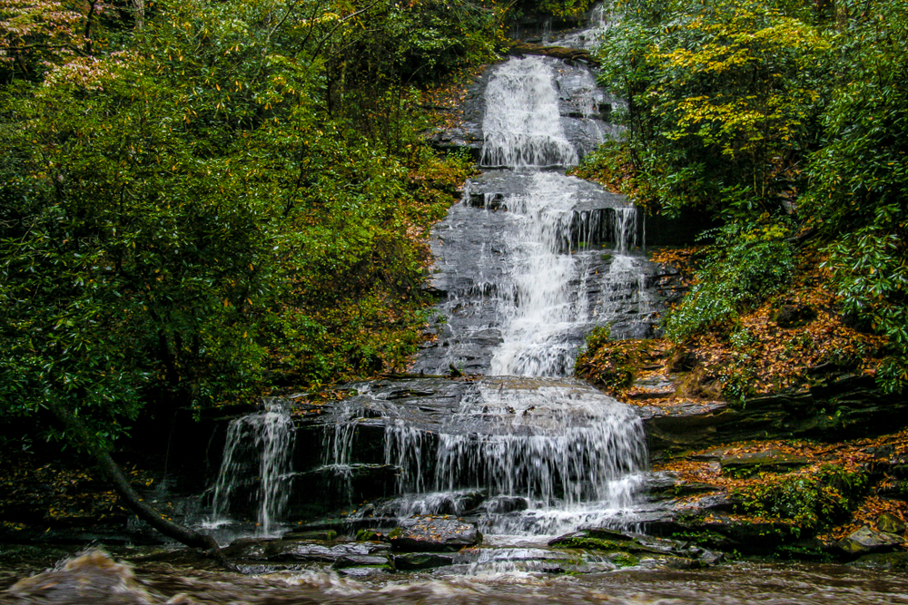 Tom Branch Falls flowing down a rock face with trees on either side.