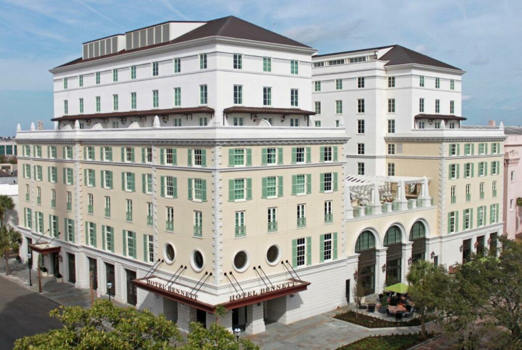 a very large exterior shot of the hotel bennett charleston, on of the best boutique hotels in charleston