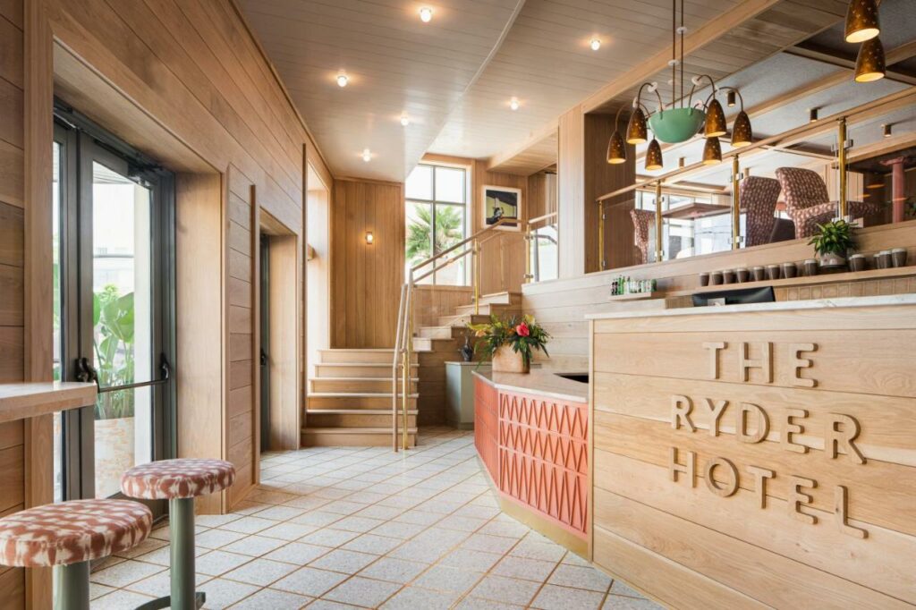 The modern mid-century interior of the ryder hotel, one of the best boutique hotels in Charleston