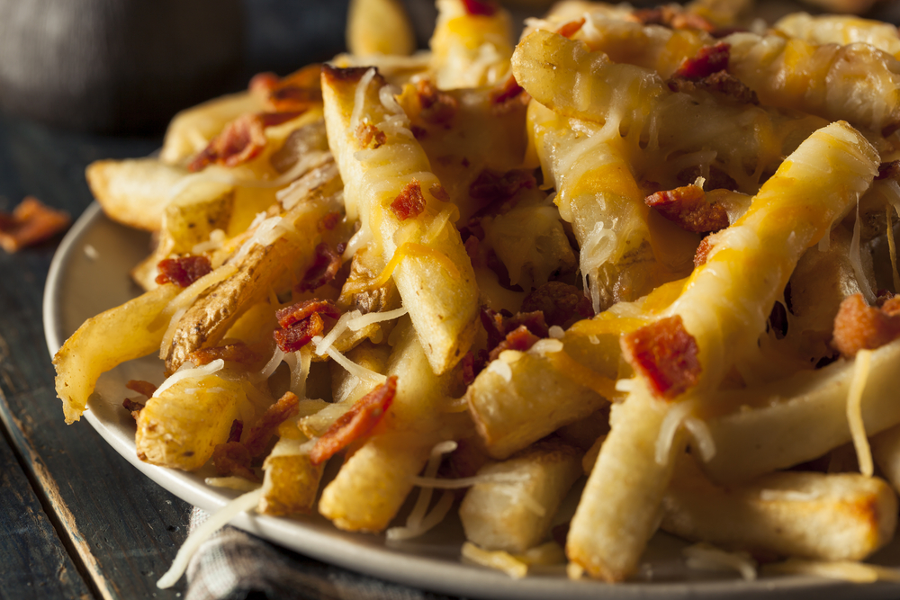 bacon cheese fries on plate on table. carolina ale house, one of the best restaurants in columbia