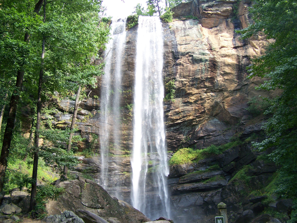 very tall waterfall in the woods