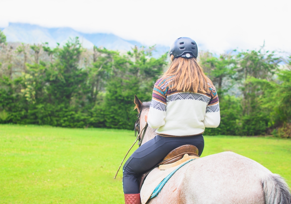 horseback riding through field in the mountains