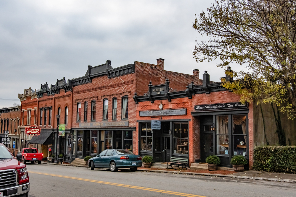 brick buildings along street. cars parked in front of them and a tree to the side