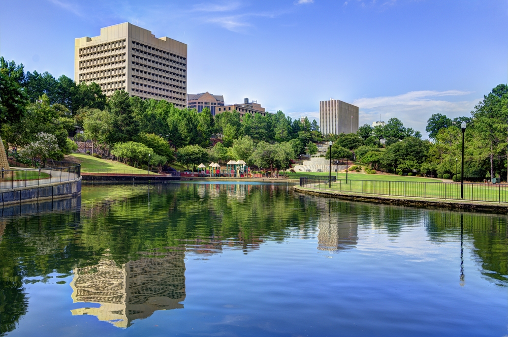 building behind water in park