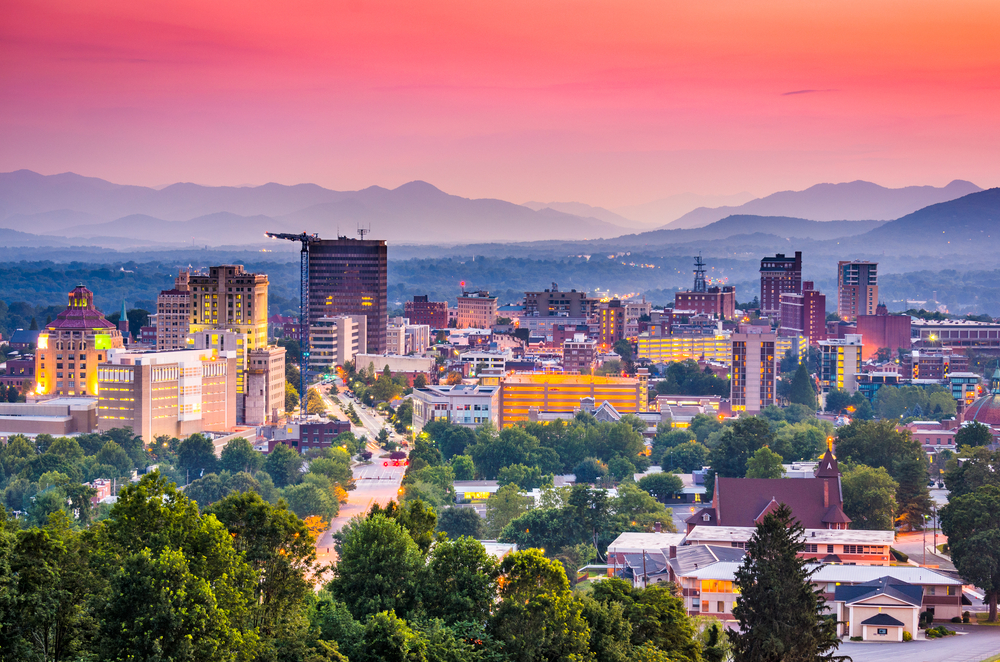 Pink sunset over Asheville, a city nestled in the mountains.