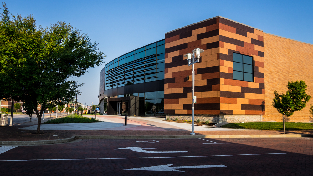 Exterior of the Bluegrass Music Hall of Fame and Museum with cool wood details.