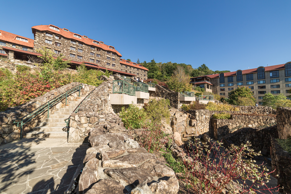 Exterior of the stone Grove Park Inn.