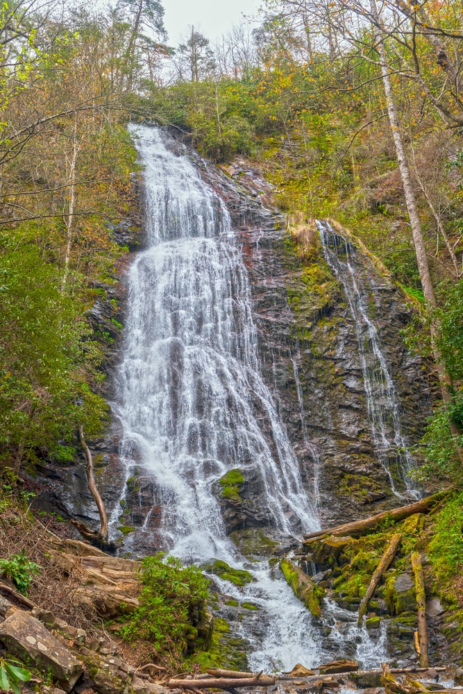 Mingo Falls flowing down a rock face during fall.