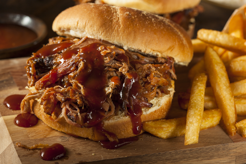 bbq sandwich with fries and sauce 