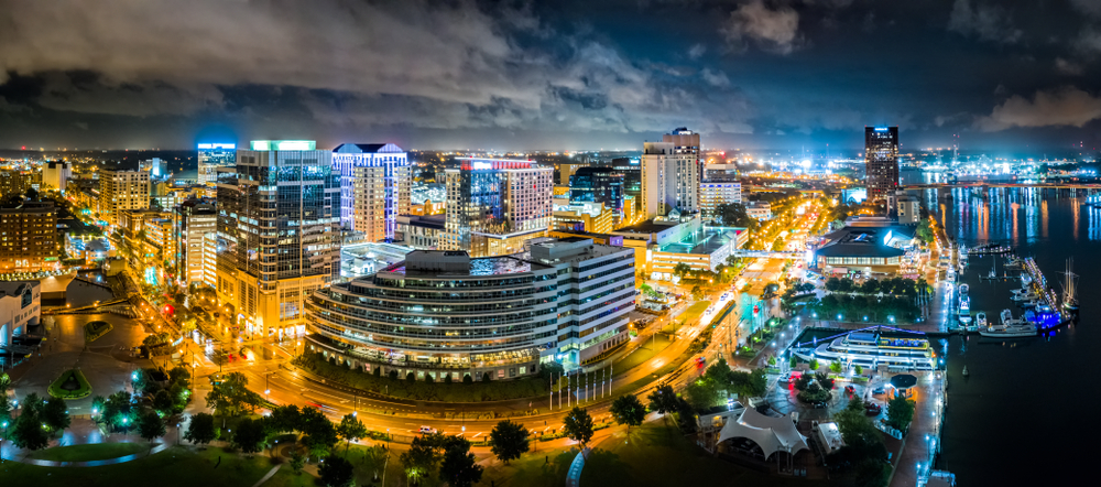 Downtown Norfolk at night looks so cool with all the lights