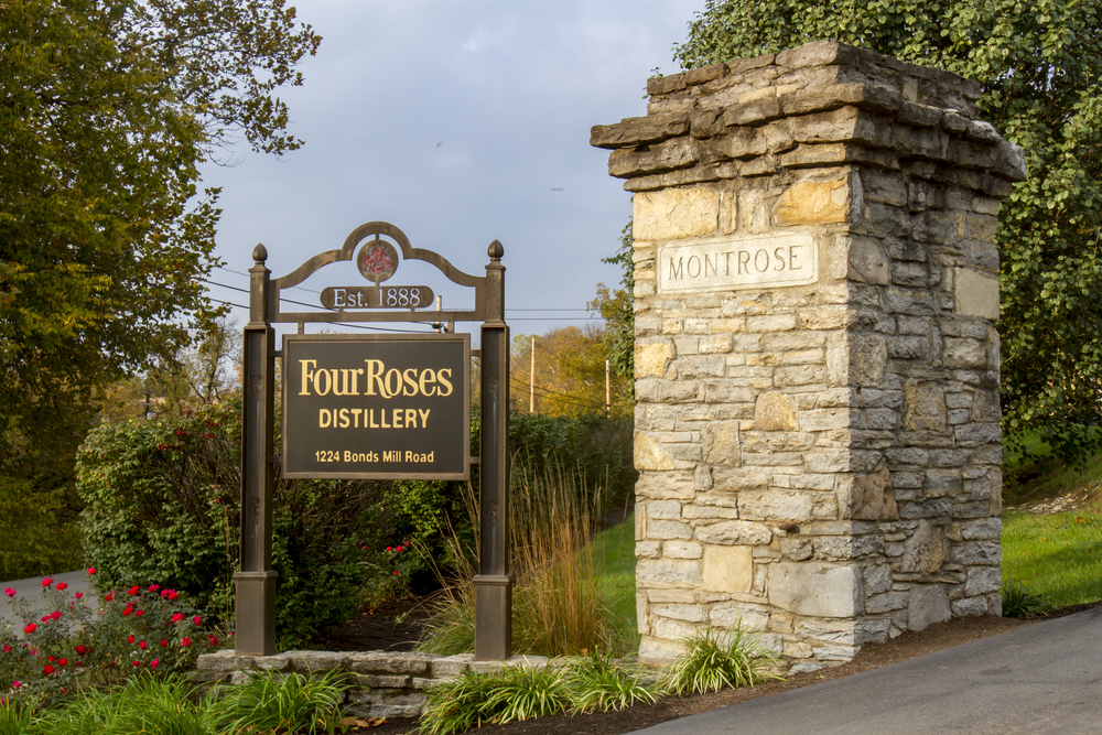 Entrance sign to Four Roses Distillery on Kentucky Bourbon Trail.