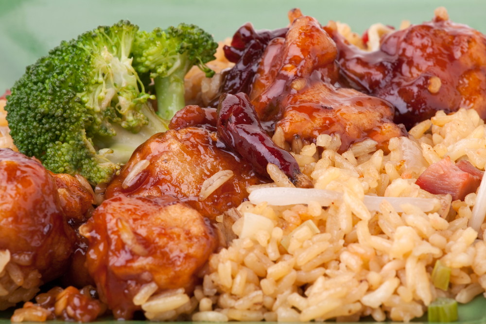 general tso's chicken with rice and broccoli. chopsticks, one of the best restaurants in clarksville