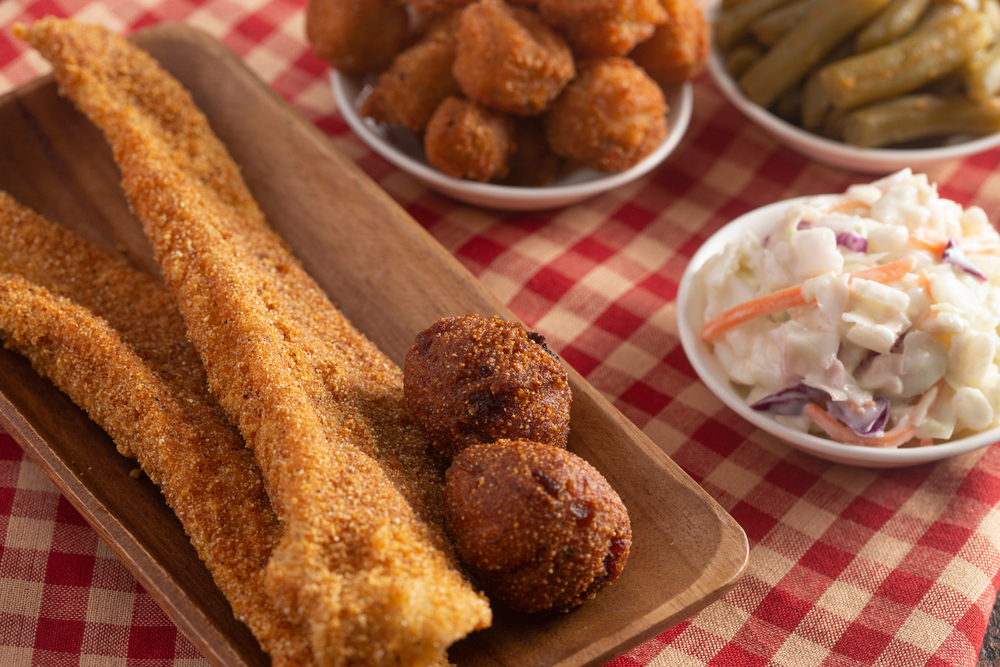 fried catfish, cole slaw, and green beans on table. soul food from one of the best restaurants in clarksville tennessee