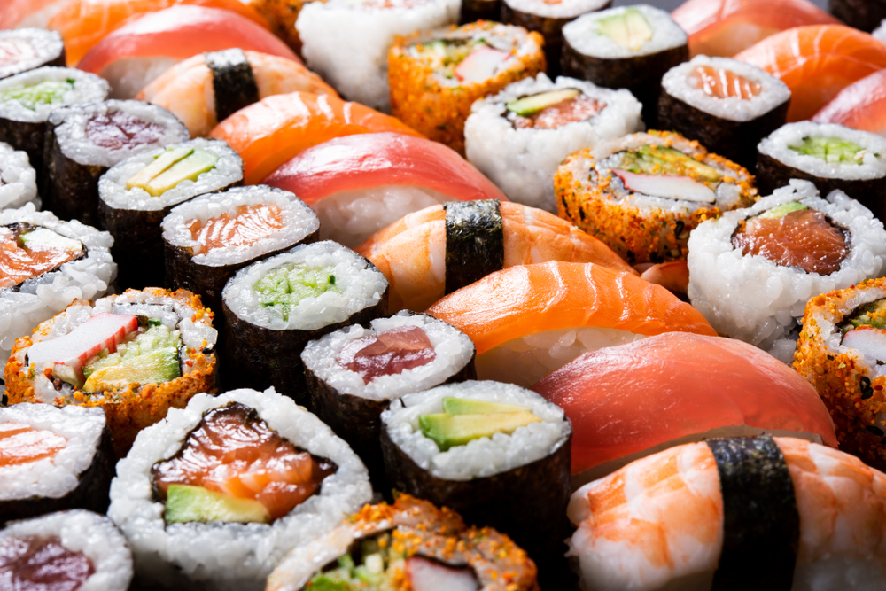 rows of colorful sushi, one of the best restaurants in clarksville kisoro sushi and steak