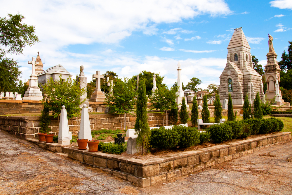 Monuments, tombstones and crypt at Oakland Cemetery. One of the best things to do in Atlanta 
