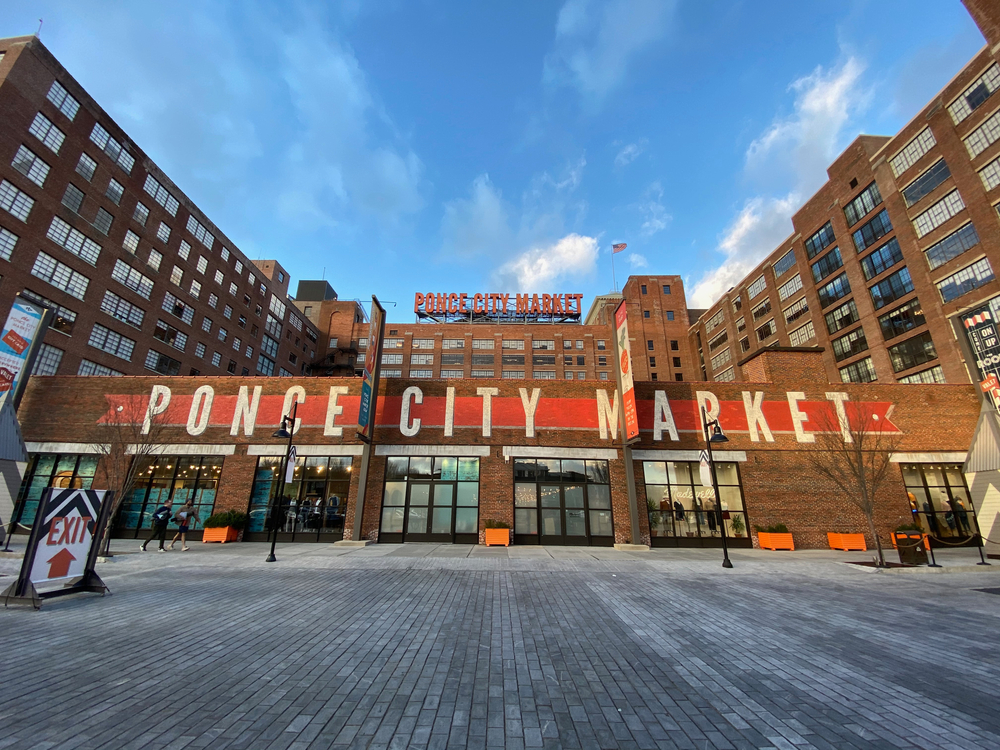 Ponce City Market, a repurposed vintage factory building, now hip shopping and restaurant destination. The picture shows the entrance to the market. 