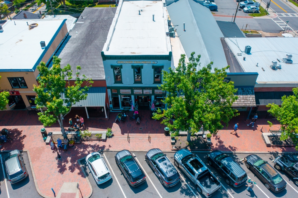 view of businesses along the main street and square in downtown Dahlonega Georgia. 