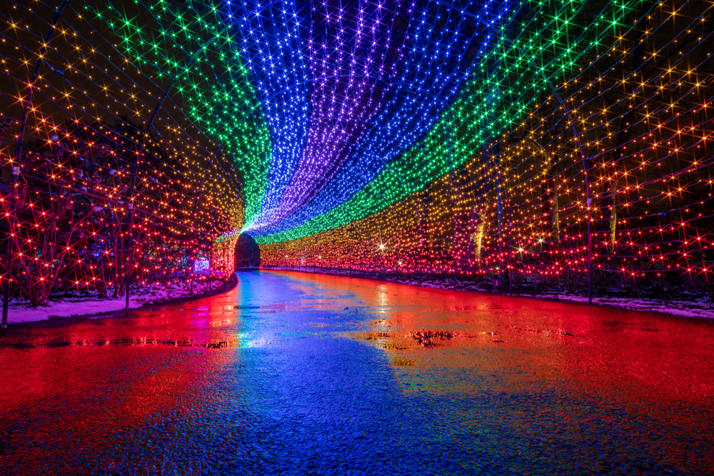 a tunnel of rainbow christmas lights 