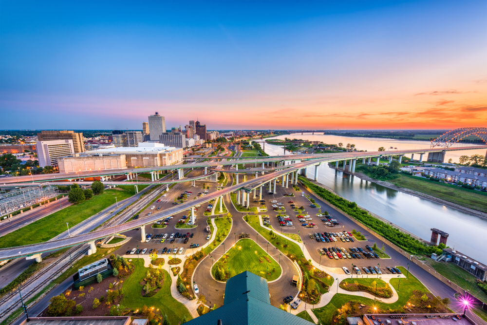 An aerial view of the Mud Island River Park next to the Mississippi River, a great spot during a weekend in Memphis. 