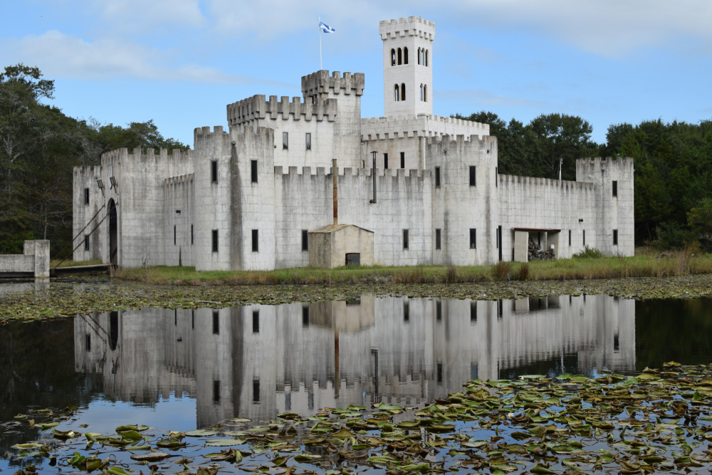 A large white Medieval style castle on the edge of a lake with lily pads with trees behind it. 