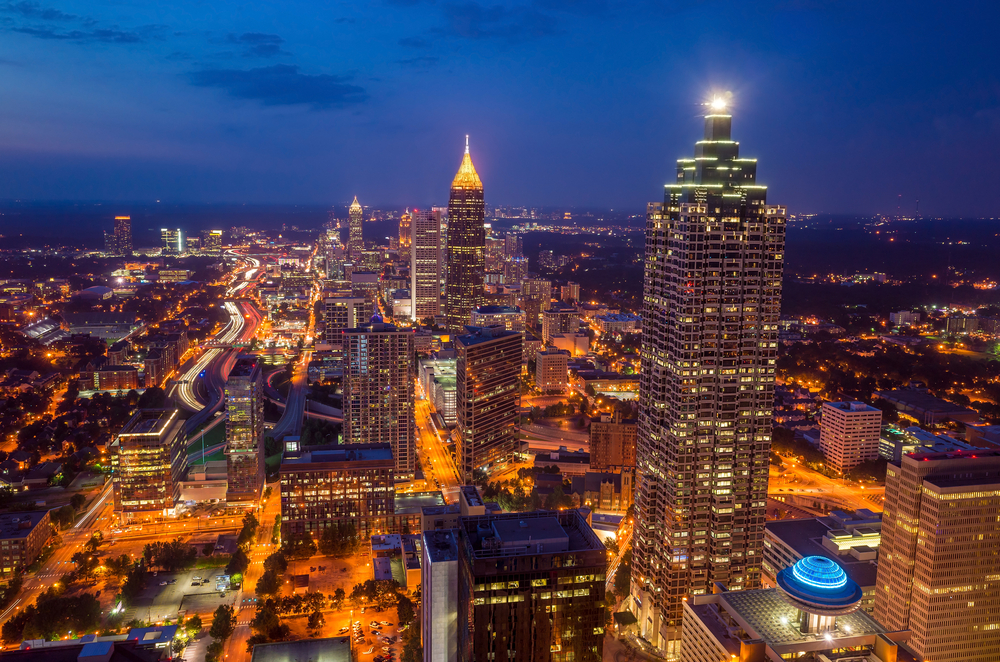 Beautiful city of Atlanta at nighttime. Buckhead is one of the best neighborhoods in Atlanta for Nightlife 