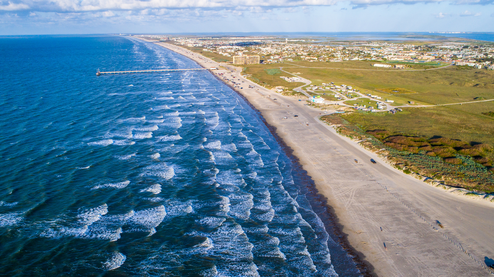 an ariel view of Port Aransas in texas is one of the many things to do with beaches and amazing views of coastline