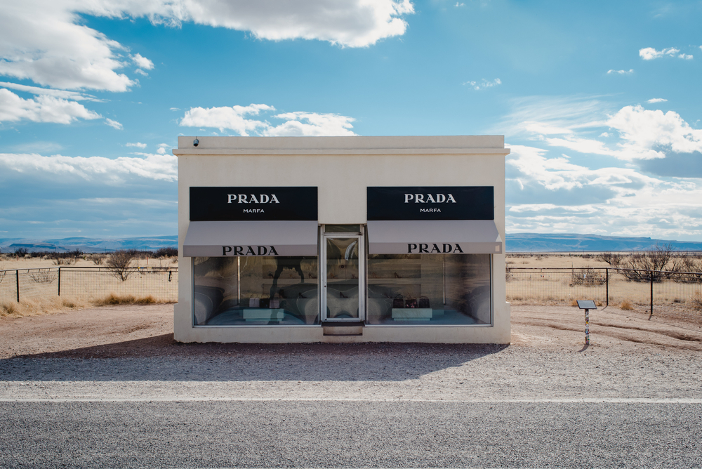 The Prada installations in Marfa. It stands alone with the desert behind it. 