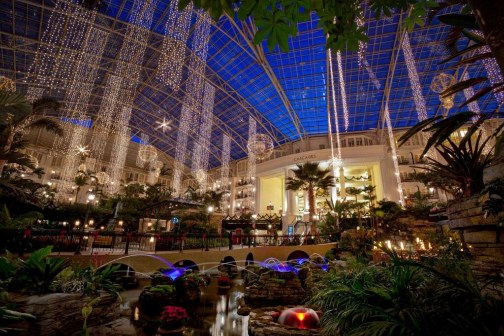 The interior gardens at the Galyand Opryland resort make it the place to stay when looking for where to stay In Nashville: at night, the darks sky illuminates the bright, hanging lights and plants through the clear ceiling tiles and glass frames. 