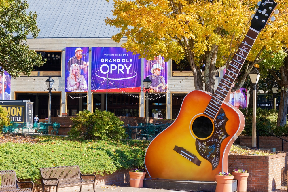 The Grand Ole Opry is a must see when considering where to stay in Nashville: you won't miss it, as there is big signs outside, and giant guitar, as seen in this photo. 