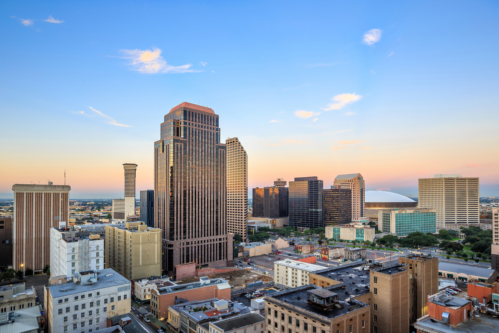 photo of downtown New Orleans skyline at sunset