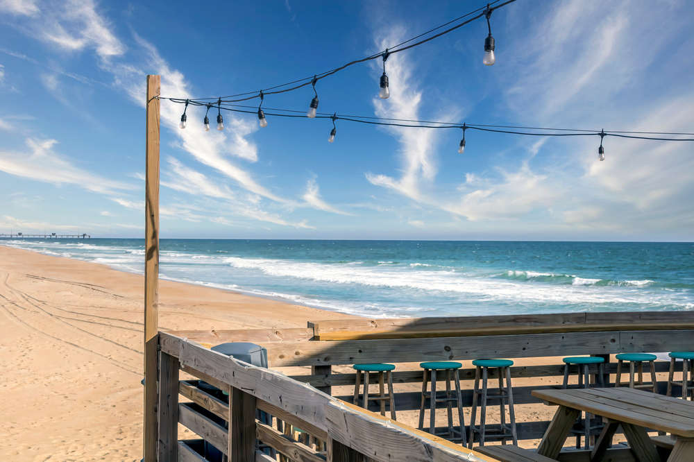 Pier in the outer banks with seats and lights looking out into the sea. 