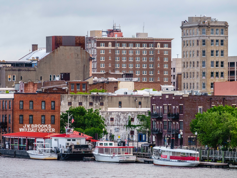 view from right off the river of tour boats and classic brick buildings! the landscape for some of the best restaurants in Wilmington