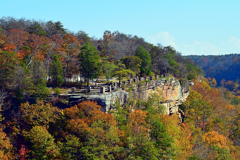 aerial photo of a cliff with a fence around it in the wooded mountains