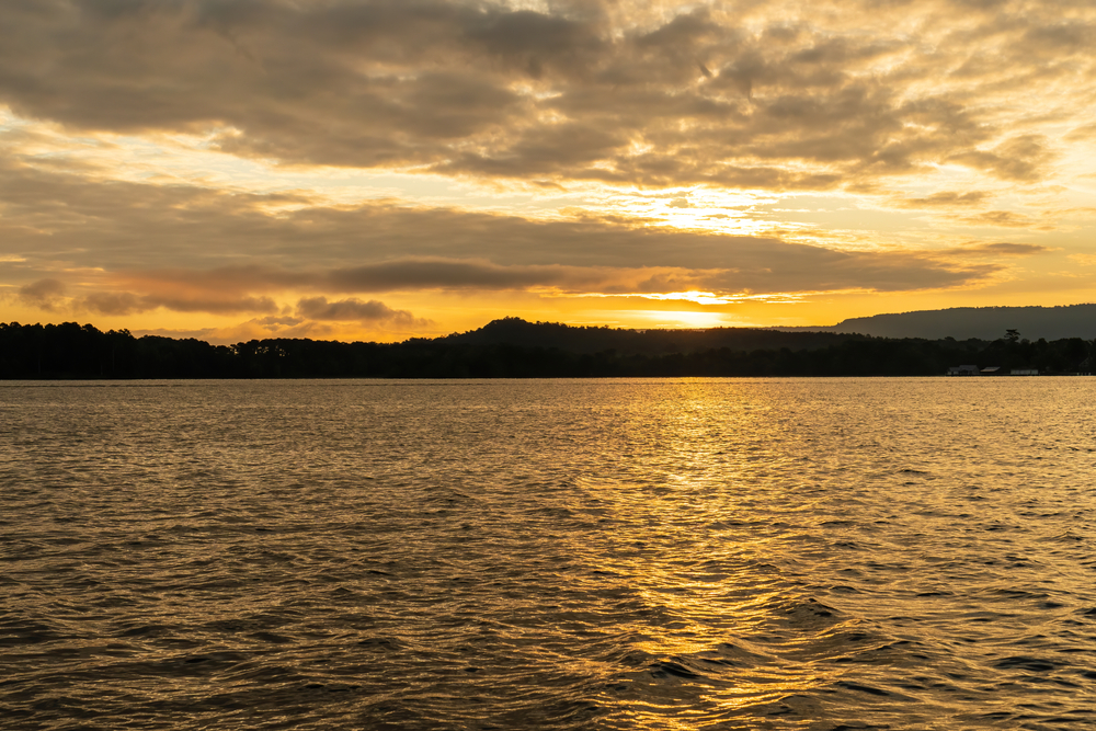 lake in foreground, tree line in background at sunset in guntersville alabama, one of the best towns in alabama