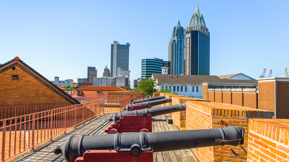 cannons on top of fort with the skyline in the background