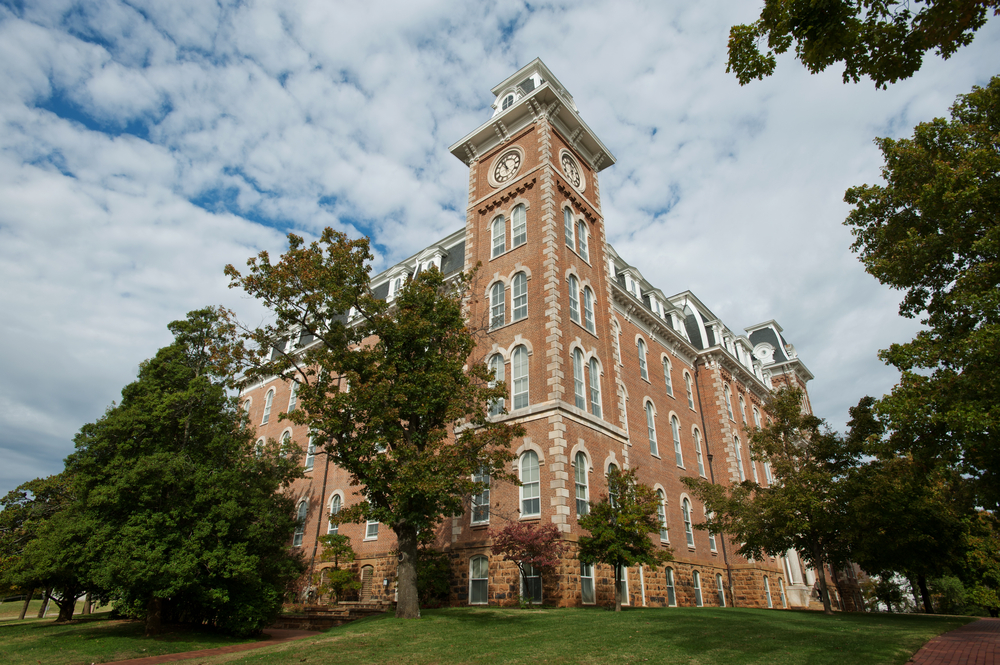 Photo of the old main clock tower in Fayetteville, one of the best towns in Arkansas.