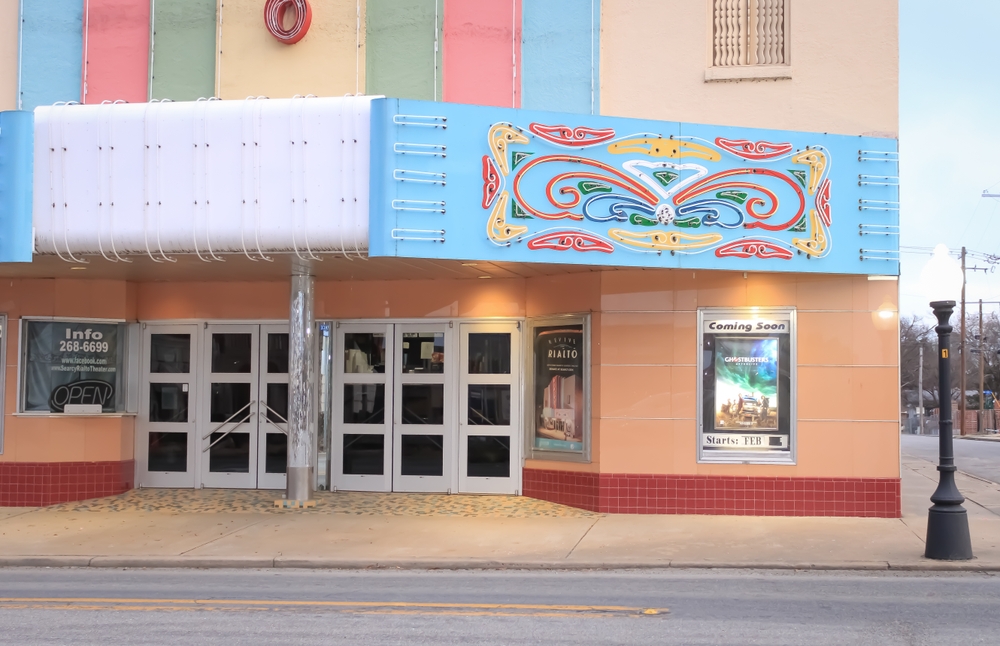 Photo of a very colorful movie theatre in downtown Searcy. 