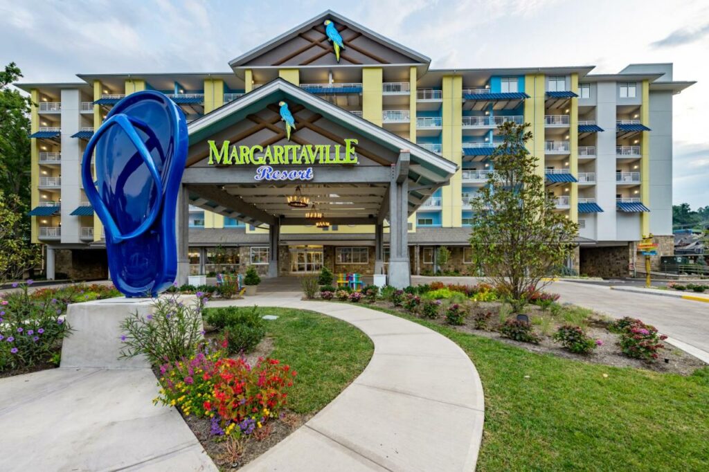 The Margaritaville Resort Gatlinburg is one of the best resorts in Tennessee to stay at: it is massive, well themed, and you cannot miss it with its green coloring and huge-flip flop on the entrance walkway! 