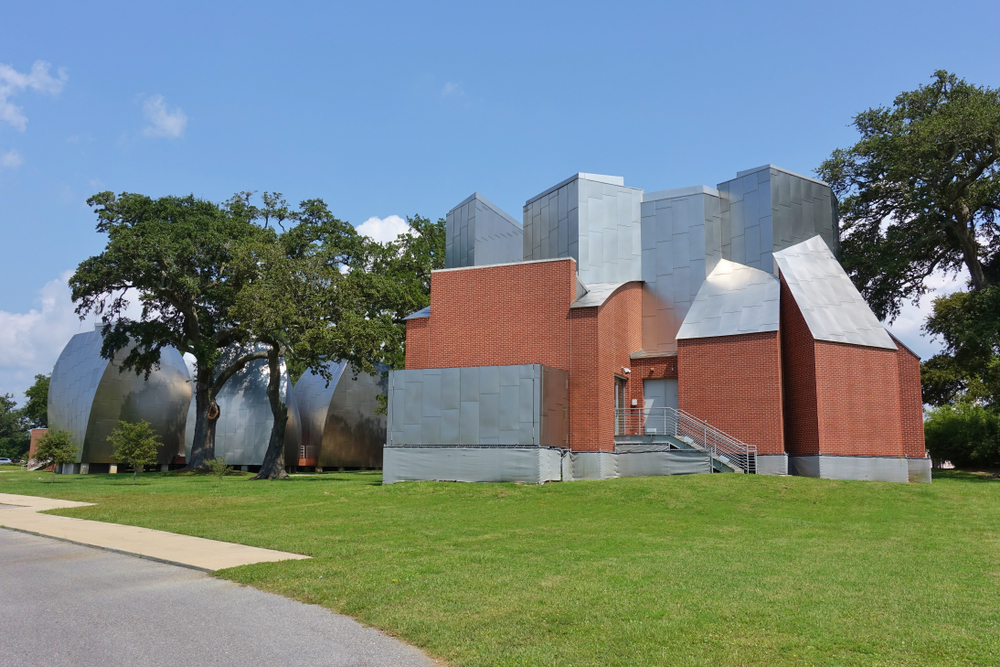 The brick and geometrically-shaped metal exterior of the Ohr-O'Keefe Museum, one of the best things to do in Biloxi.