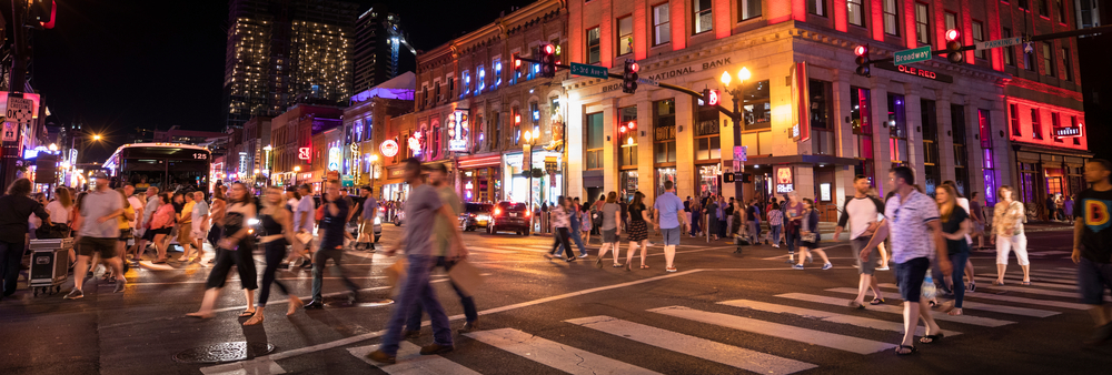Broadway, also called Honky Tonk Row, busy with people at night, is one of the best things to do in Nashville at night. 