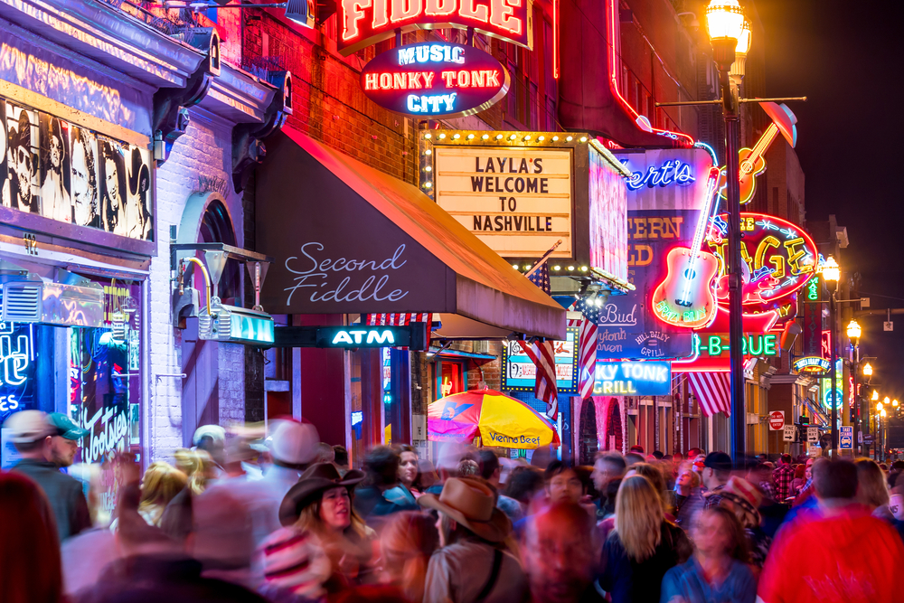 Honky Tonk Row, busy with people at night, is one of the best things to do in Nashville at night. 