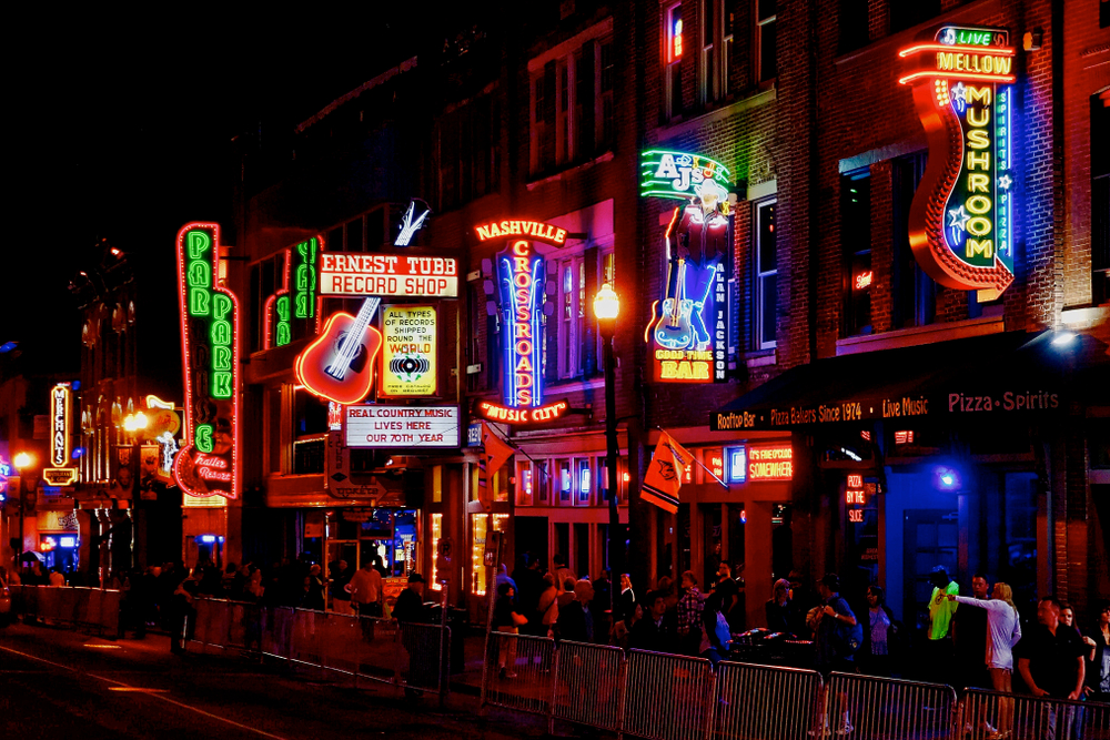 Downtown Nashville streetscape at night.