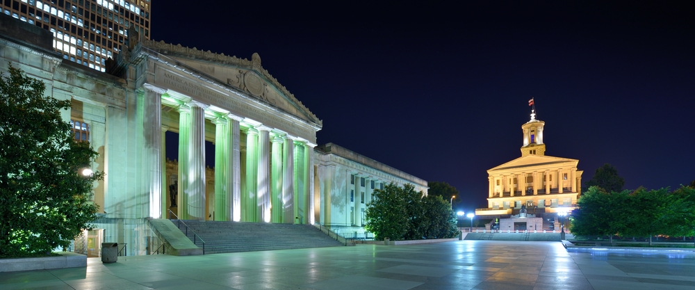 The Nashville War Memorial Auditorium and State Capitol buildings at night. The guided ghost themed walking tour, which starts here, is one of the best attractions in Nashville. 