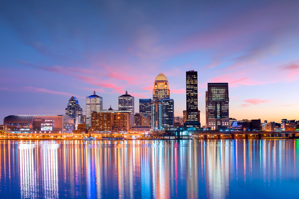 A beautiful photo of the Louisville skyline at dusk