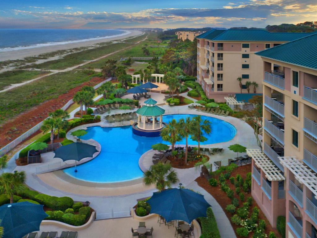 The pool area and resort overlooking the beach in south Carolina