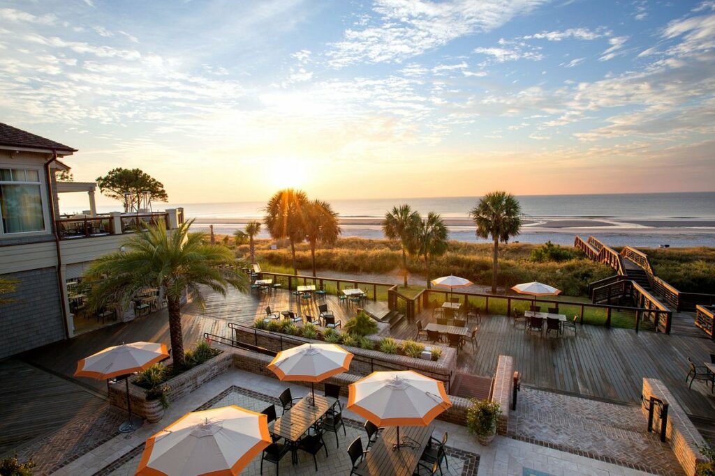 the outdoor terrace and boardwalk leading to the ocean at sea pines resort