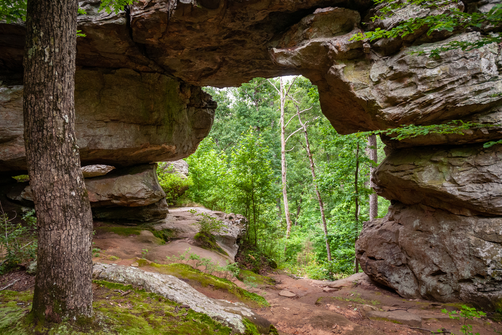 photo of a rock formation at petit jean state park during the day with green trees in the background, one of the coolest places for camping in arkansas 