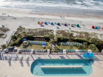 lounge chairs and pools at one of the best oceanfront hotels in myrtle beach SC